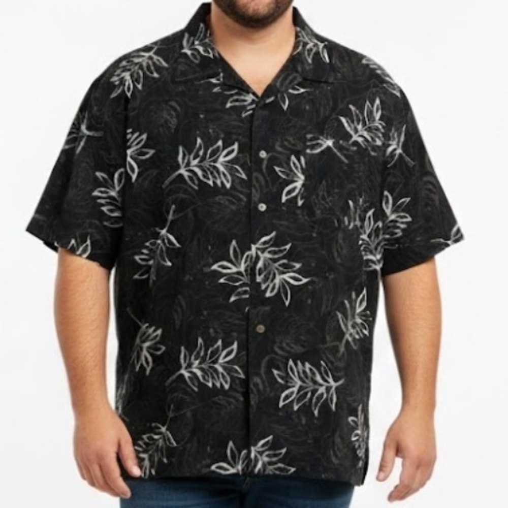 IZOD Golf Mens Silk XXL Shirt‎ Black Tropical Leaf Print Short Sleeve Button Up